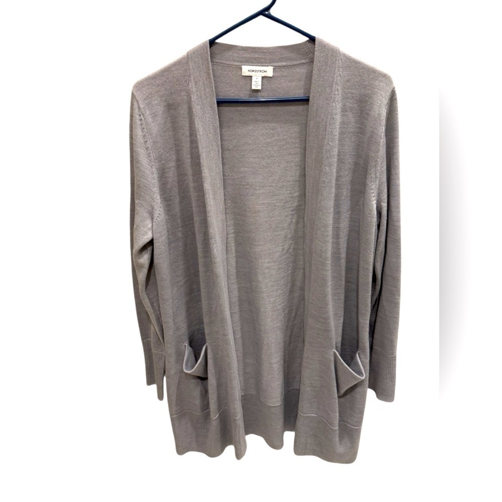 Nordstrom Merino Wool Blend Cardigan Sweater Gray Open Front Long Size Small